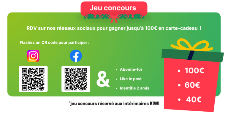 Bannière du jeu concours pour les intérimaires kiwi emploi spécial nouvel année avec 3 cartes cadeaux à gagner.